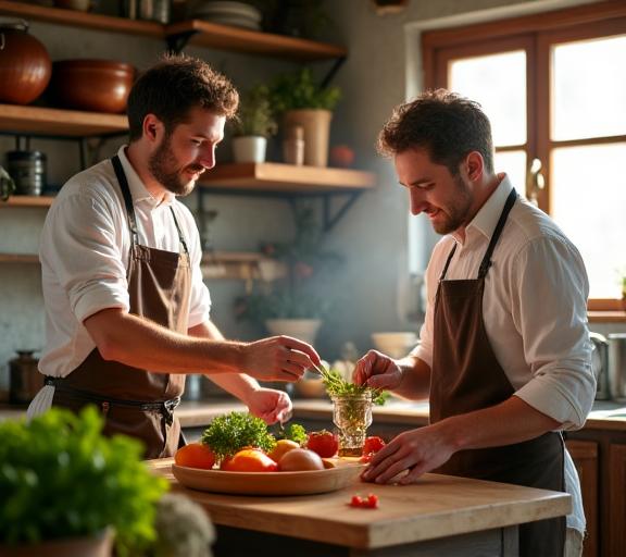 I fondatori di Proporzione Pura mentre selezionano ingredienti freschi in una cucina rustica.