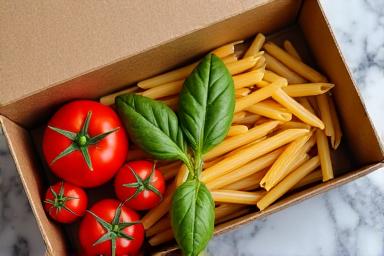 Una scatola aperta del Kit Classico con pasta, pomodori e basilico.