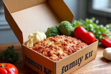 Una scatola del Kit Famiglia con ingredienti per lasagne e polpette.
