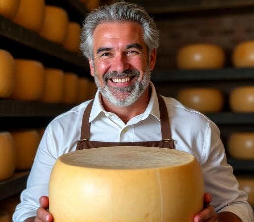 Un casaro italiano mostra una forma di Parmigiano Reggiano.